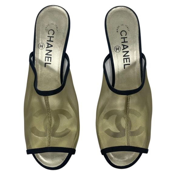 Chanel Mesh Goatskin Pearl Heel Mules Slip On Black Tan Size 37.5C - Picture 5 of 14
